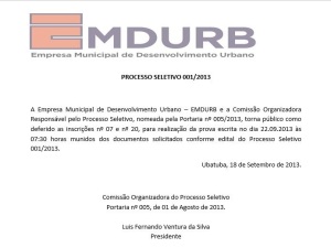 Inscrições Erroneamente Indeferidas – Processo Seletivo EMDURB 001/2013